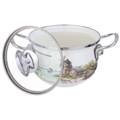 Кастрюля эмалированная со стеклянной крышкой серия "FAMILY HOUSE", 1,5 л диа.16см AGNESS 943-065-2