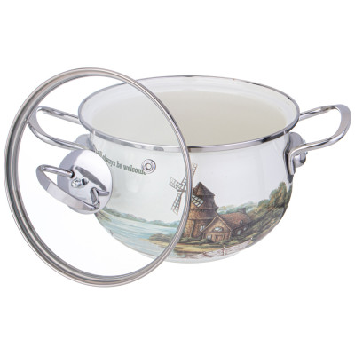 Кастрюля эмалированная со стеклянной крышкой серия "FAMILY HOUSE", 2 л диа.18см AGNESS 943-066-2