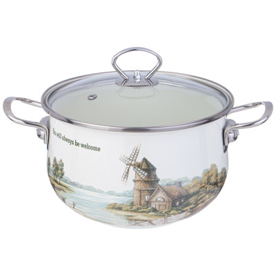 Кастрюля эмалированная со стеклянной крышкой серия "FAMILY HOUSE", 3,8 л диа. 22см AGNESS 943-068-1