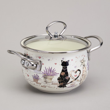 Кастрюля эмалированная со стеклянной крышкой серия "LAVENDER CATS", 1,5 л диа. 16см AGNESS 943-075-1