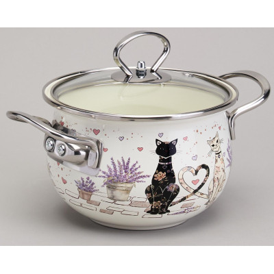 Кастрюля эмалированная со стеклянной крышкой серия "LAVENDER CATS", 1,5 л диа. 16см AGNESS 943-075-1