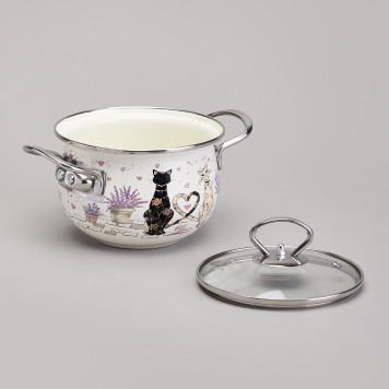 Кастрюля эмалированная со стеклянной крышкой серия "LAVENDER CATS", 1,5 л диа. 16см AGNESS 943-075-2