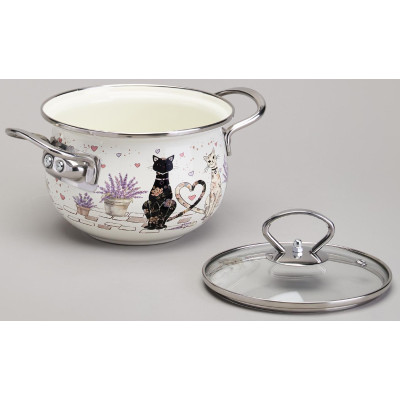 Кастрюля эмалированная со стеклянной крышкой серия "LAVENDER CATS", 1,5 л диа. 16см AGNESS 943-075-2