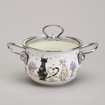 Кастрюля эмалированная со стеклянной крышкой серия "LAVENDER CATS", 1,5 л диа. 16см AGNESS 943-075