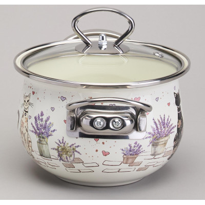 Кастрюля эмалированная со стеклянной крышкой серия "LAVENDER CATS", 1,5 л диа. 16см AGNESS 943-075-3