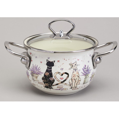 Кастрюля эмалированная со стеклянной крышкой серия "LAVENDER CATS", 1,5 л диа. 16см AGNESS 943-075