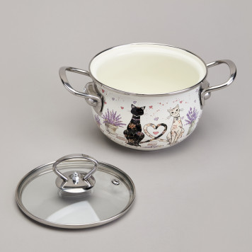 Кастрюля эмалированная со стеклянной крышкой серия "LAVENDER CATS", 1,5 л диа. 16см AGNESS 943-075-4