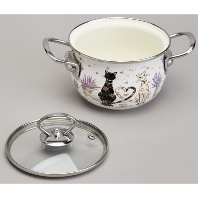 Кастрюля эмалированная со стеклянной крышкой серия "LAVENDER CATS", 1,5 л диа. 16см AGNESS 943-075-4