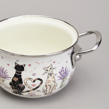 Кастрюля эмалированная со стеклянной крышкой серия "LAVENDER CATS", 1,5 л диа. 16см AGNESS 943-075-5