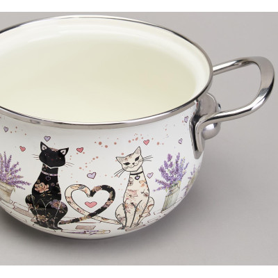 Кастрюля эмалированная со стеклянной крышкой серия "LAVENDER CATS", 1,5 л диа. 16см AGNESS 943-075-5