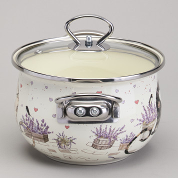 Кастрюля эмалированная со стеклянной крышкой серия "LAVENDER CATS", 2,0 л диа. 18см AGNESS 943-076-1