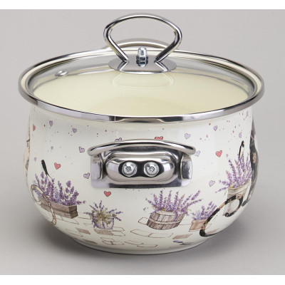 Кастрюля эмалированная со стеклянной крышкой серия "LAVENDER CATS", 2,0 л диа. 18см AGNESS 943-076-1