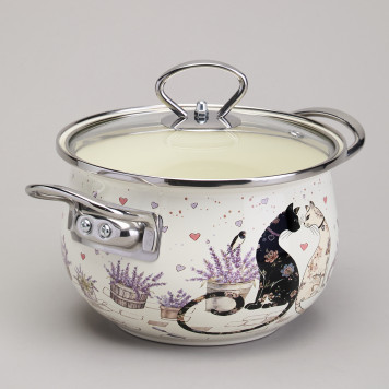 Кастрюля эмалированная со стеклянной крышкой серия "LAVENDER CATS", 2,0 л диа. 18см AGNESS 943-076-2