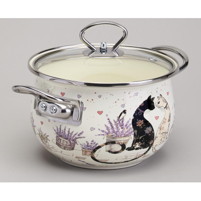 Кастрюля эмалированная со стеклянной крышкой серия "LAVENDER CATS", 2,0 л диа. 18см AGNESS 943-076-2