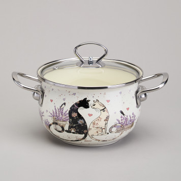 Кастрюля эмалированная со стеклянной крышкой серия "LAVENDER CATS", 2,0 л диа. 18см AGNESS 943-076