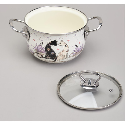 Кастрюля эмалированная со стеклянной крышкой серия "LAVENDER CATS", 2,0 л диа. 18см AGNESS 943-076-3