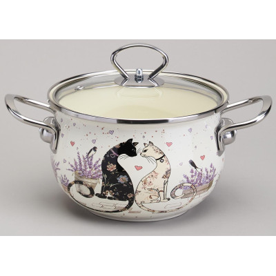 Кастрюля эмалированная со стеклянной крышкой серия "LAVENDER CATS", 2,0 л диа. 18см AGNESS 943-076