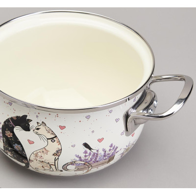 Кастрюля эмалированная со стеклянной крышкой серия "LAVENDER CATS", 2,0 л диа. 18см AGNESS 943-076-4