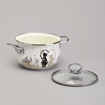 Кастрюля эмалированная со стеклянной крышкой серия "LAVENDER CATS", 2,8 л диа. 20см AGNESS 943-077-1