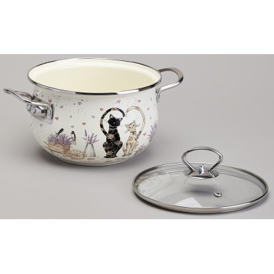 Кастрюля эмалированная со стеклянной крышкой серия "LAVENDER CATS", 2,8 л диа. 20см AGNESS 943-077-1