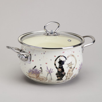 Кастрюля эмалированная со стеклянной крышкой серия "LAVENDER CATS", 2,8 л диа. 20см AGNESS 943-077-2
