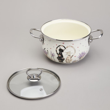 Кастрюля эмалированная со стеклянной крышкой серия "LAVENDER CATS", 2,8 л диа. 20см AGNESS 943-077-4