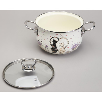Кастрюля эмалированная со стеклянной крышкой серия "LAVENDER CATS", 2,8 л диа. 20см AGNESS 943-077-4