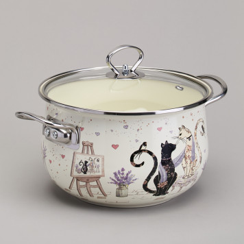 Кастрюля эмалированная со стеклянной крышкой серия "LAVENDER CATS", 3,8 л диа. 22см AGNESS 943-078-1
