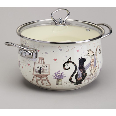 Кастрюля эмалированная со стеклянной крышкой серия "LAVENDER CATS", 3,8 л диа. 22см AGNESS 943-078-1