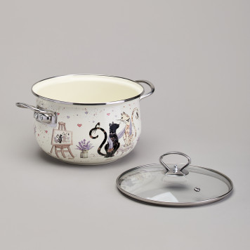 Кастрюля эмалированная со стеклянной крышкой серия "LAVENDER CATS", 3,8 л диа. 22см AGNESS 943-078-2