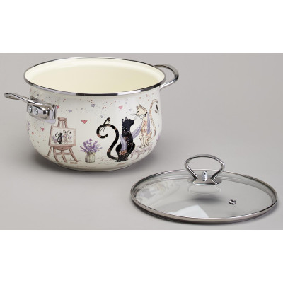 Кастрюля эмалированная со стеклянной крышкой серия "LAVENDER CATS", 3,8 л диа. 22см AGNESS 943-078-2