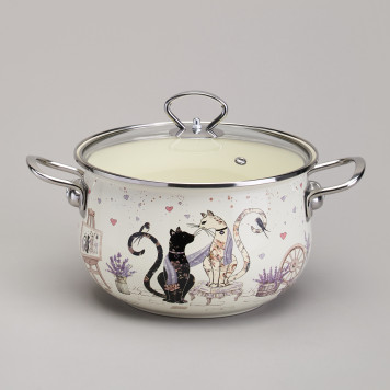 Кастрюля эмалированная со стеклянной крышкой серия "LAVENDER CATS", 3,8 л диа. 22см AGNESS 943-078