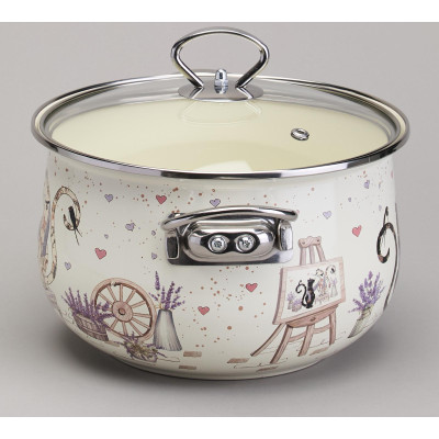Кастрюля эмалированная со стеклянной крышкой серия "LAVENDER CATS", 3,8 л диа. 22см AGNESS 943-078-3