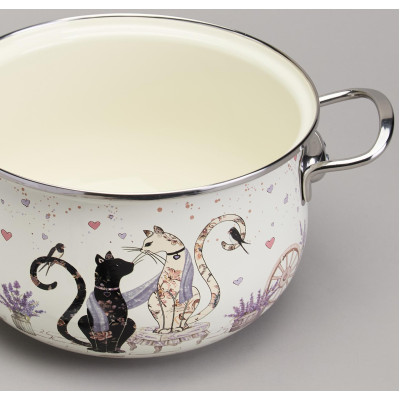 Кастрюля эмалированная со стеклянной крышкой серия "LAVENDER CATS", 3,8 л диа. 22см AGNESS 943-078-4