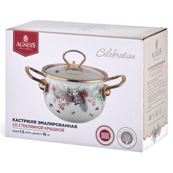 Кастрюля эмалированная со стеклянной крышкой серия "CELEBRATION", 1.5 л, 16*10 см AGNESS 943-082-6