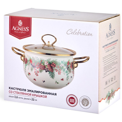 Кастрюля эмалированная со стеклянной крышкой серия "CELEBRATION", 3.6 л, 22*13 см AGNESS 943-085-5