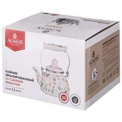 Чайник эмалированный со съемным фильтром из нжс серия "FLOWER STORY", 1,1 л AGNESS 943-091-1
