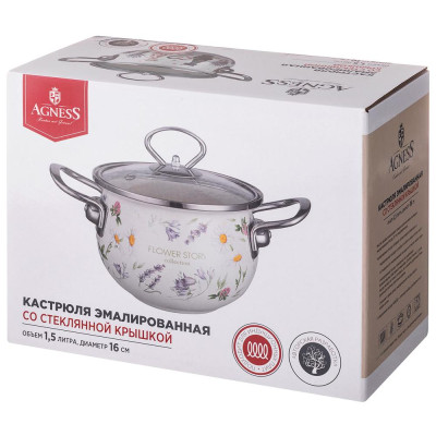 Кастрюля эмалированная со стеклянной крышкой серия "FLOWER STORY", 1,5 л диа. 16см AGNESS 943-095-1