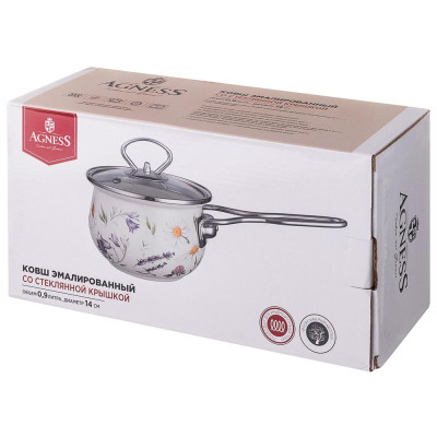 Ковш эмалированный серия "FLOWER STORY" 0,9л, диа 14 см AGNESS 943-099-1