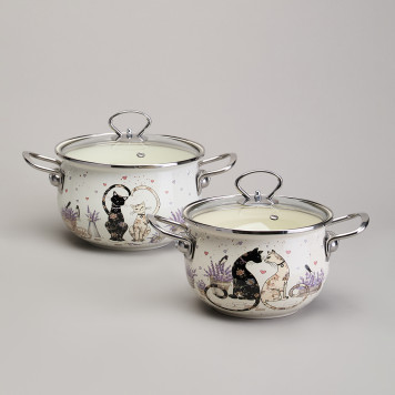 Набор кастрюль эмалированный, серия "LAVENDER CATS" 4пр. 2,0/2,8л диа.18/20см AGNESS 943-102