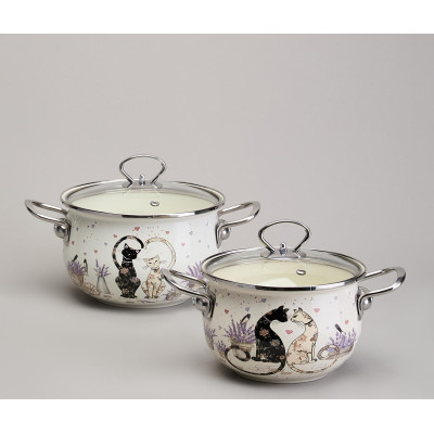 Набор кастрюль эмалированный, серия "LAVENDER CATS" 4пр. 2,0/2,8л диа.18/20см AGNESS 943-102