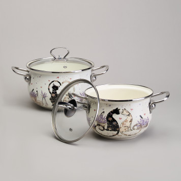Набор кастрюль эмалированный, серия "LAVENDER CATS" 4пр. 2,0/2,8л диа.18/20см AGNESS 943-102-4