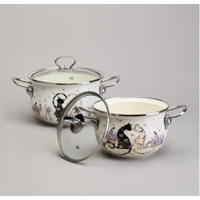 Набор кастрюль эмалированный, серия "LAVENDER CATS" 4пр. 2,0/2,8л диа.18/20см AGNESS 943-102-4