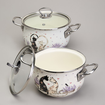 Набор кастрюль эмалированный, серия "LAVENDER CATS" 4пр. 2,0/2,8л диа.18/20см AGNESS 943-102-5