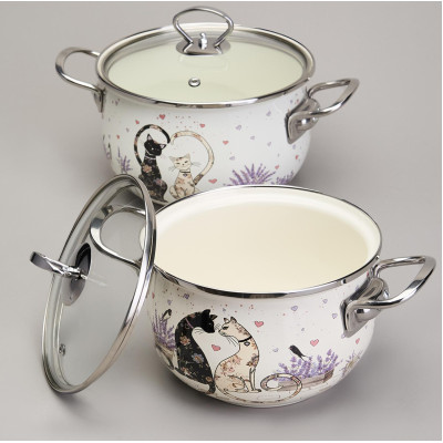 Набор кастрюль эмалированный, серия "LAVENDER CATS" 4пр. 2,0/2,8л диа.18/20см AGNESS 943-102-5