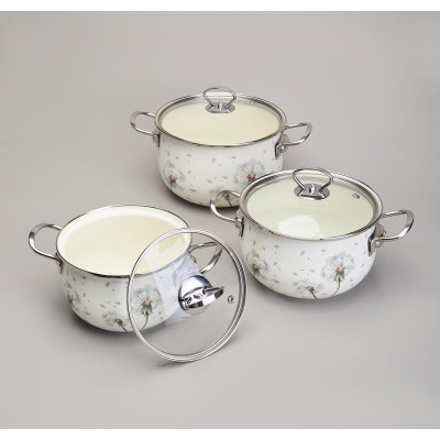 Набор кастрюль эмалированный, серия "DANDELION" 6пр. 2,0/2,8/3,8л диа.18/20/22см AGNESS 943-105-4