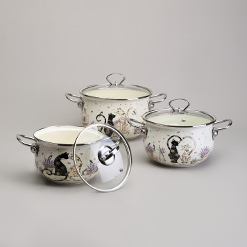 Набор кастрюль эмалированный, серия "lavender cats 6пр. 2,0/2,8/3,8л диа.18/20/22см AGNESS 943-107-1