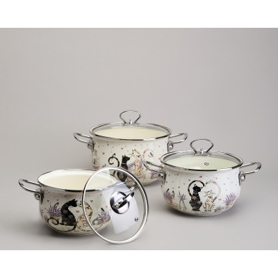 Набор кастрюль эмалированный, серия "lavender cats 6пр. 2,0/2,8/3,8л диа.18/20/22см AGNESS 943-107-1