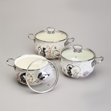 Набор кастрюль эмалированный, серия "lavender cats 6пр. 2,0/2,8/3,8л диа.18/20/22см AGNESS 943-107-2