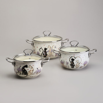 Набор кастрюль эмалированный, серия "lavender cats 6пр. 2,0/2,8/3,8л диа.18/20/22см AGNESS 943-107